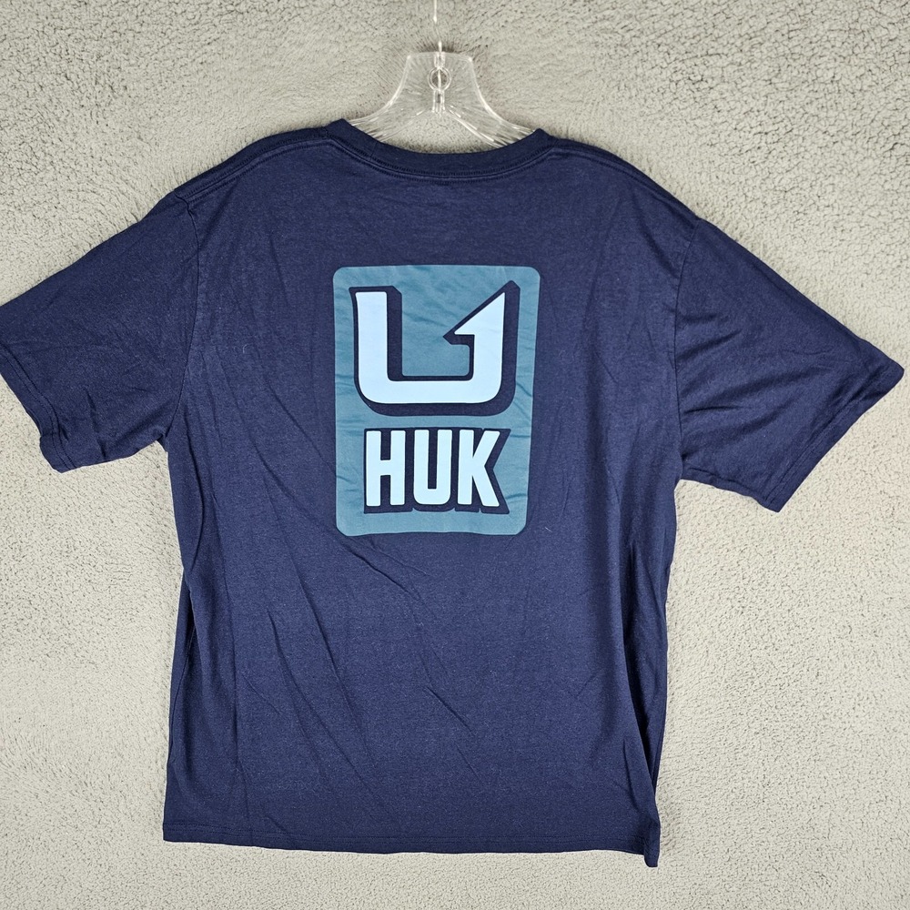 HUK Shirt Mens L Navy Cotton Spellout Back Graphic Logo Crewneck Pullover Tee